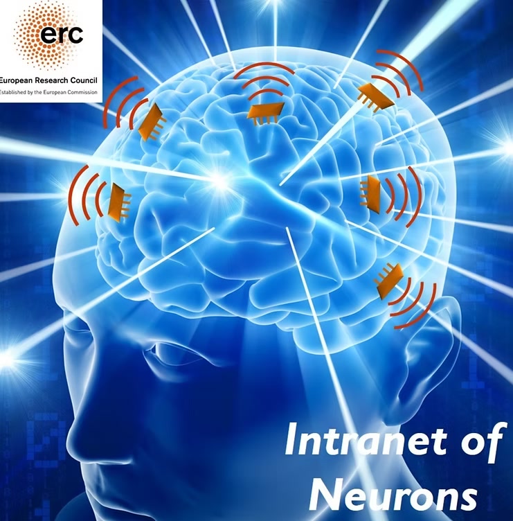 Illustration of the Intranet of Neurons project with wireless chips connected to the brain