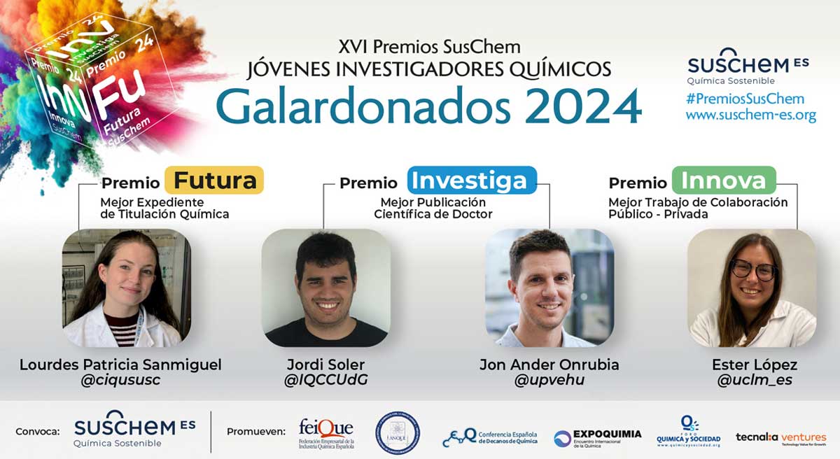 Los Premios SusChem-España 2024 reconocen la excelencia de cuatro Jóvenes Investigadores Químicos