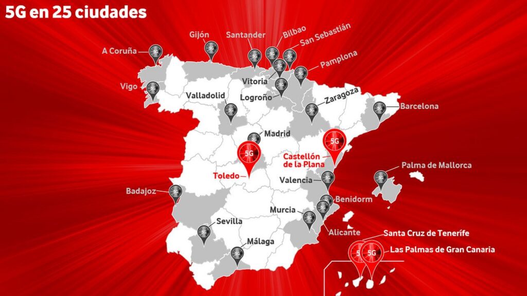 Vodafone lleva la red 5G más rápida a Castellón, Toledo, Santa Cruz de Tenerife y Las Palmas de Gran Canaria