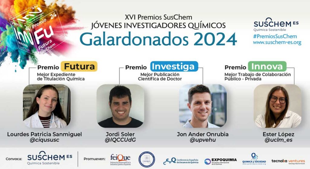 Los Premios SusChem-España 2024 reconocen la excelencia de cuatro Jóvenes Investigadores Químicos