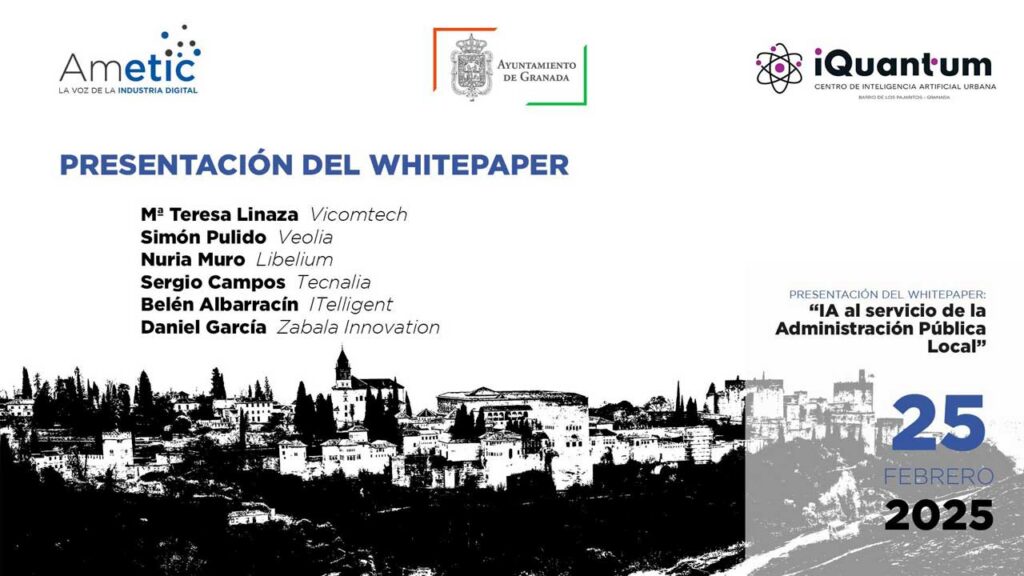 Presentación del whitepaper de AMETIC sobre IA y Smart Cities, destacando su impacto en seguridad, sostenibilidad y servicios públicos urbanos.