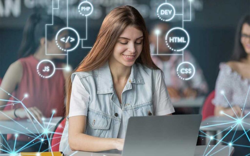 Estudiante universitaria usando un IA en clase