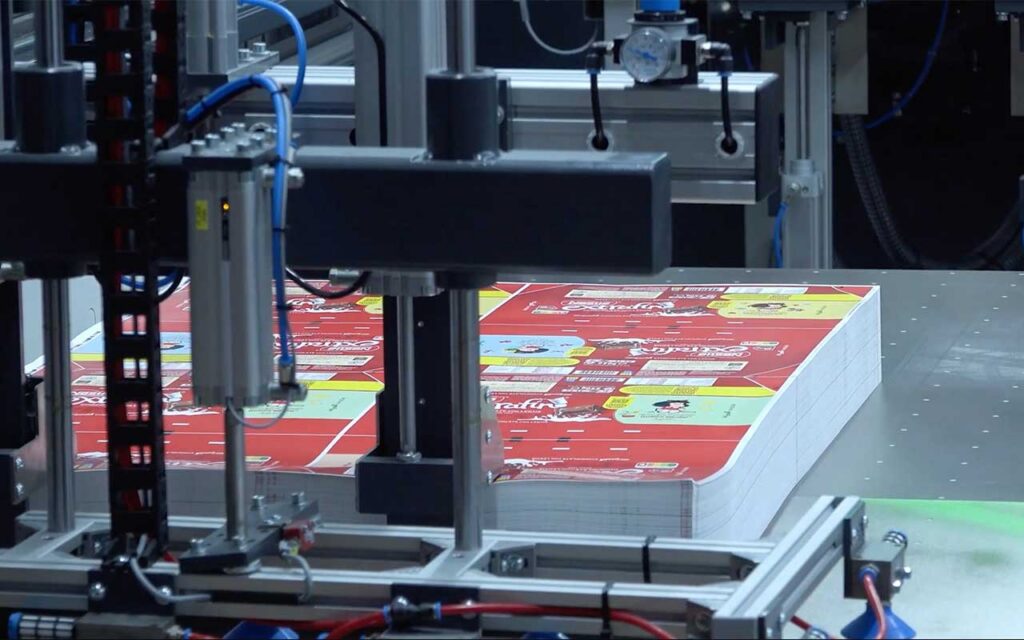 Sistema de visión artificial detectando errores en etiquetas de papel con cámaras de alta precisión