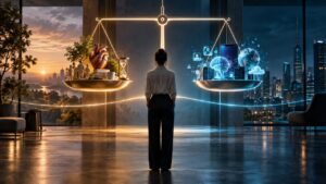 A woman facing scales balancing personal well-being and social connections against digital technology