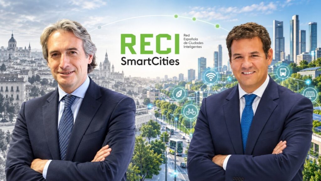 Composición con dos representantes de la RECI, su logotipo y un entorno urbano conectado